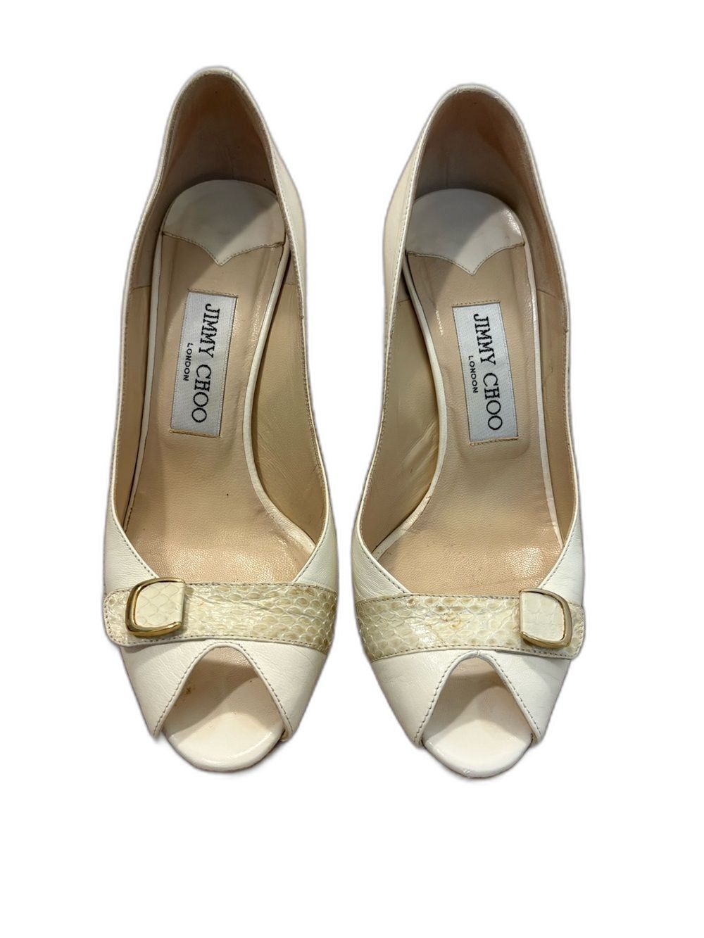 Jimmy Choo Vintage Ivory Peep Toe Pumps Gold Buckle Heels Size 6 EU 36
